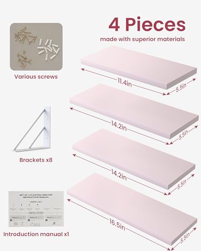 BAYKA Wall Mounted Floating Shelves (Pastel Pink, Set of 4, 16" Mixed) - color: H. Pastel Pink Board & White Brackets, size: 16 inches Mixed