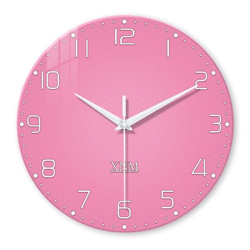 XNM Round Glass Pink Wall Clocks Battery Operated 12 Inch - color: Pink, size: 12 Inch