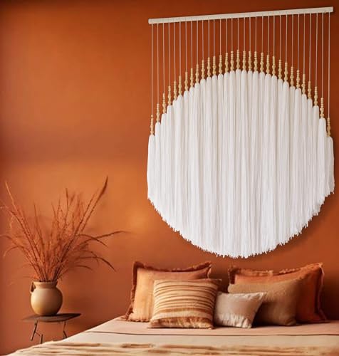 Boho Wall Decor Yarn Wall Hanging Macrame Wall Hanging Fiber Wall Art White Beads Tassel Wall Decor Boho Chic Home Decor 39" W x 55" L | Wedding Backdrop Decor, Boho Decor, Entryway Accent, Neutral Home Decor, Cozy Room Style, Fiber Art Wall Hanging - col