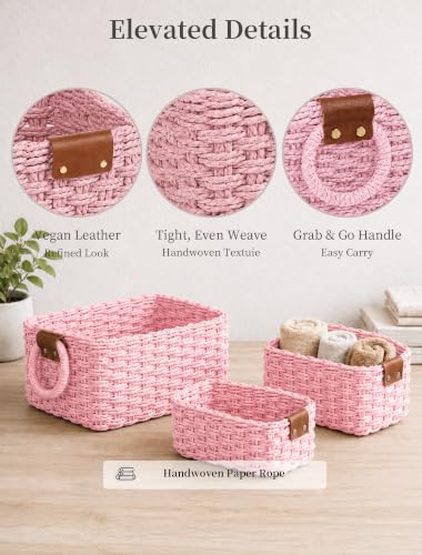 Small Wicker Baskets, 3 PCS Paper Rope Baskets for Shelves, Pink - color: Pink