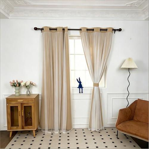 INLINAS Blackout Curtains with Sheer Overlay, Gold, 37x63 Inches - color: Gold, size: 37"W x 63"L (Pack of 2)