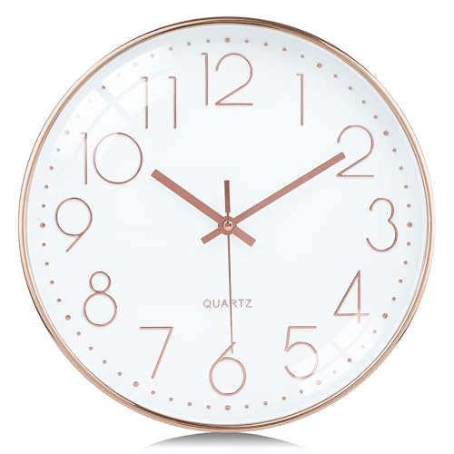 Lafocuse 12 inch Modern Analog White and Rose Gold Wall Clock | Easy to Read 3D Large Numbers, Battery Operated, Silent Non Ticking, Accurate, for Bedroom Kitchen Office Living Room Decor - color: Rose Gold
