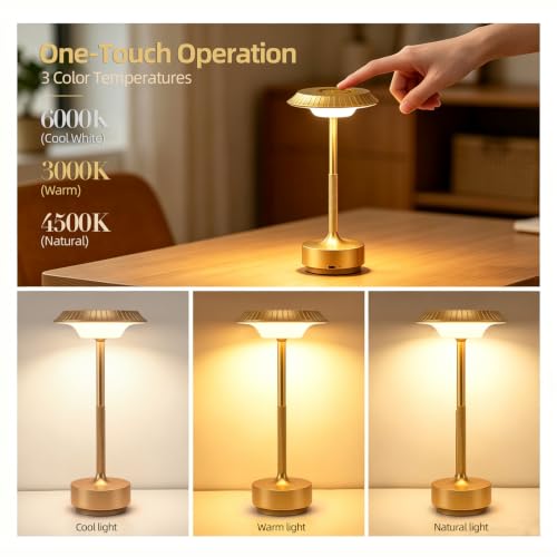 Goodoo Rechargeable Cordless Table Lamp, Touch Control LED Metal Table Light with 3 Color Modes Stepless Dimming, Portable Battery Powered Table Lamps for Outdoor/Patio/Restaurant/Camping (Gold) - color: Gold