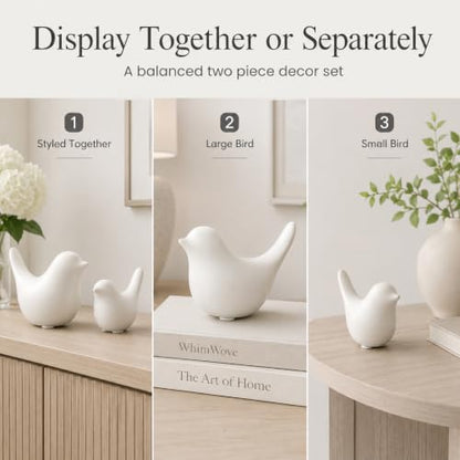 White Ceramic Bird Figurines and Statues, 2 Piece Bird Decor - color: White