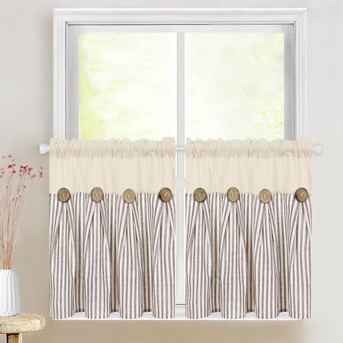 ASPMIZ Farmhouse Kitchen Curtains 24 Inch Length, Brown Stripe, 2 Panels - color: Beige&brown, size: 26"W x 24"L (Pack of 2)
