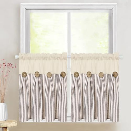 ASPMIZ Farmhouse Kitchen Curtains 24 Inch Length, Brown Stripe, 2 Panels - color: Beige&brown, size: 26"W x 24"L (Pack of 2)