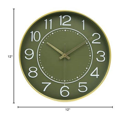 HZDHCLH 12 Inch Modern Wall Clock Battery Operated Silent Non Ticking - color: Green and Gold, size: 12 Inch