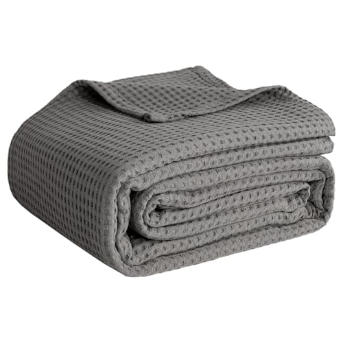 100% Cotton Blankets for Bed - Waffle Weave Blankets for Summer, Lightweight and Breathable Soft Woven Blanket for Spring (Dark Grey, Throw (50" x 60")) - color: Dark Grey, size: Throw (50" x 60")