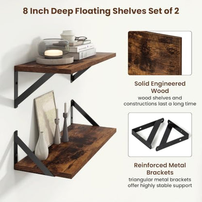 Axeman 18 Inch Floating Shelves, 8 Inch Deep Brown Wall Shelves Set of 2 - color: Rustic Brown, size: 18 Inch