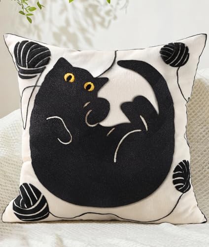 Animal Embroidered Throw Pillow Cover 18x18 Inch, Black Cat Yarn - color: Cat Ball, size: 18" x 18" (Pack of 1)