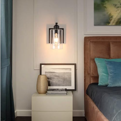 BELS 8 Inch Battery Operated Wall Sconces Set of 2, Farmhouse Wall Lights Fixture with Clear Glass, 4000K, Remote Control, Dimmable, Black Wall Sconces for Mirror, Bathroom, Bedroom - color: Black