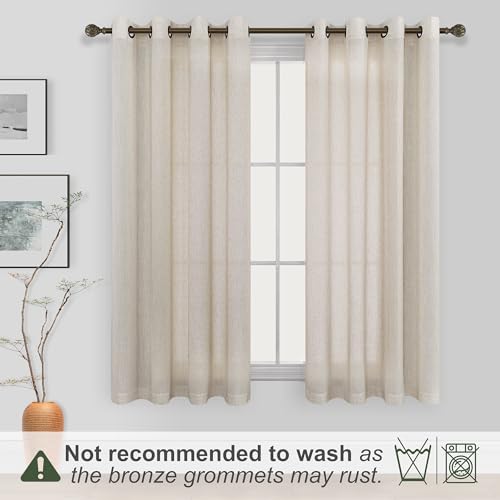 KOUFALL Tan Beige Bronze Grommet Linen Blend Sheer Curtains 52x45 Inches Long for Bedroom - color: Linen, size: 52"W x 45"L (Pack of 2)