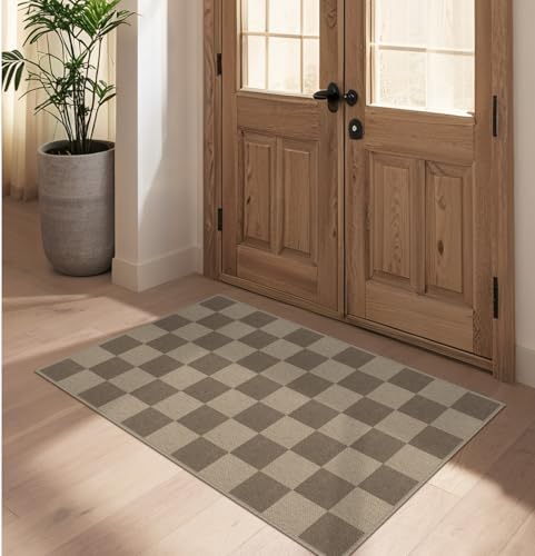 Rugalia Easy Jute Checkered Entryway Rug, 2.6x4 Brown Modern Indoor Outdoor Doormat, Washable Non-Slip Neutral Kitchen Rug Farmhouse Checkerboard Throw Rugs for Entrance Bedroom Bathroom - color: Brown Checkered, size: 2.6' x 4' (Rectangular)
