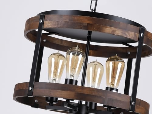 4-Light Large Rustic Farmhouse Plug in Pendant Light Fixture with Adjustable Chain, Dimmable Switch, 16.5 inch Oak Wood Drum Hanging Lamp for Dining Room Living Room Farmhouse Entry, Black - size: Large hanging lamp 1 pack