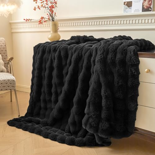 LIFEREVO Luxury Fluffy Faux Rabbit Fur Throw Blanket 60x80, Black - color: Black, size: 60" X 80"