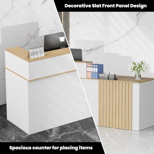 78.7" Reception Desk with Slat Panels for Office, Salon & Lobby - color: White/Oak, size: 78.7''L x 23.6''W x 39.3''H