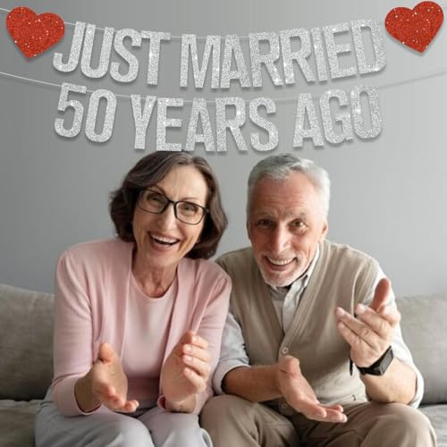 Silver Glitter Just Married 50 Years Ago Banner,NO DIY,Pre-Strung 50th Wedding Anniversary Party Decorations 50 Years Blessed & Loved Garland Sign We Still Do 50th Party Supplies - color: 50silver