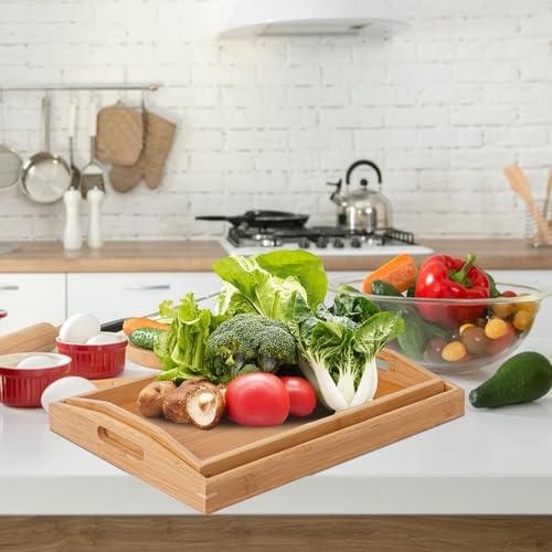2 PCS Bamboo Serving Tray, 2 Size Nested Breakfast Bed Tray with Handle, Wood Serving Tray for Serving, Breakfast Bed Trays for Eating, Decor, Displaying Cake, Fruit - size: 2 PCS - 2 Sizes