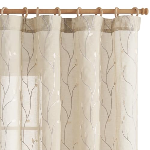 jinchan Beige Leaf Voile Embroidered Curtains 96 Inch Back Tab 2 Panels - color: Vine Back Tab Beige, size: 55"W x 96"L (Pack of 2)