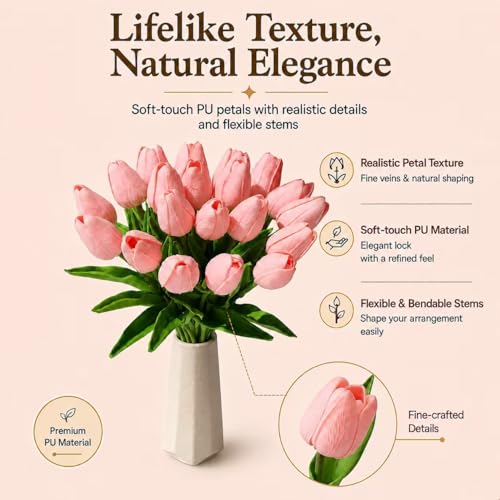 Mandy's 20 Stems Light Pink Artificial Tulip Flowers for Home Centerpieces - color: Light Pink 20pcs