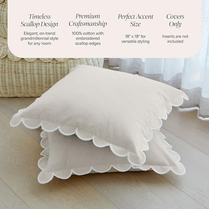 BEBE BASK Scalloped Pillow Cover Set of 2, 18x18, Cotton - Natural - color: Natural/White
