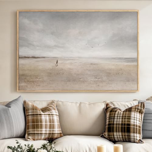 Large Framed Jesus Leaves the 99 Sheep Wall Art, Christian Beach Abstract Landscape, Neutral Beige Grey Coastal Artworks, Minimalist Canvas Print Paintings for Living Room Bedroom Wall Decor 32x48 in - color: The Good Shepherd
