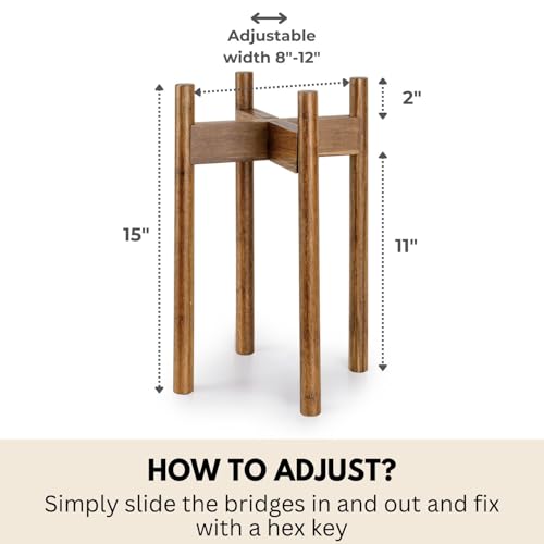 Fox & Fern Large Adjustable Plant Stand Indoor, Bamboo Stand, 8 - 12 Inch - color: Polished Bamboo - Mid, size: 8 - 12 Inch
