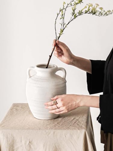 White Ceramic Vase with Handles, 9.5Inch, Farmhouse Rustic, Sandstone White - color: Winnie - Sandtone White, size: M(8.8"-9.8")