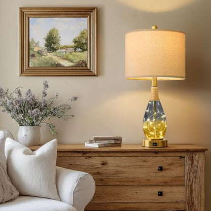 OYEARS 23" Table Lamps for Living Room Set of 2,Bedside Lamps for Night Stands, Rattan Lamps for Bedroom,Farmhouse Lamps with Glass Nightlight,Two Light Points - color: Yellow Blue