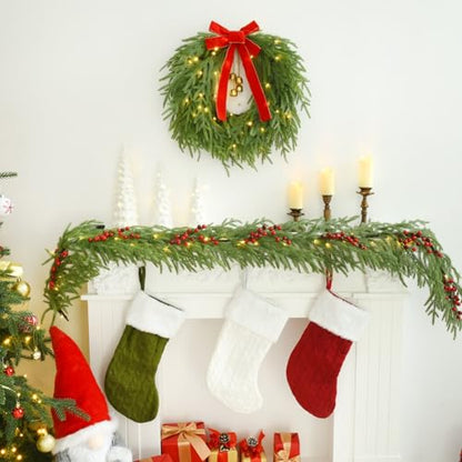 YoleShy 6FT Norfolk Pine Garland Christmas Garland with Lights Red Berry - color: Red Berry