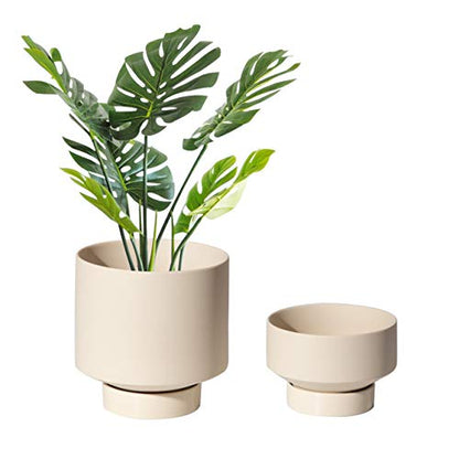 UBEE 2 Ceramic Pots for Indoor Plants Set, 5.43 Inch + 4.61 Inch Plant Pots with Drainage Holes and Saucers, Ceramic Succulents Planter Pot Flower Pot with Saucer, Beige - color: Beige