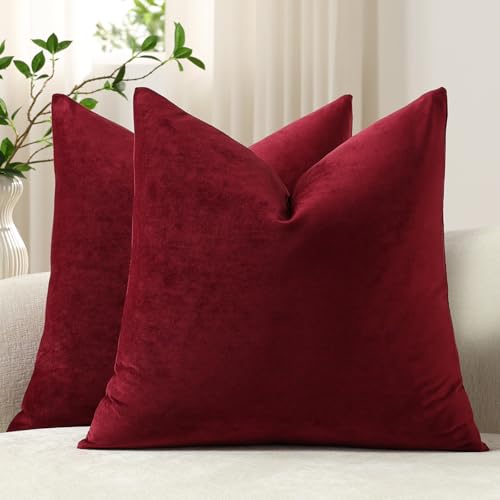 DEZENE Throw Pillow Covers 22x22 Wine Red: Pack of 2 Cozy Soft Velvet Square Modern Luxury Decorative Throw Pillow Cases for Christmas Sofa Couch Living Room Bed Home Decor - color: Rhododendron, size: 22" x 22" (Pack of 2)
