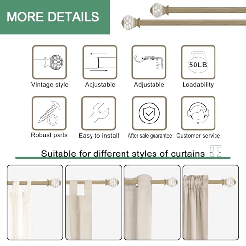 Byondeth Curtain Rods for Windows 16 to 48 Inches Adjustable Length 1 Inch Diameter Window Curtain Rod with Wood Grain Leaf Pattern Finials,for Heavy Duty Curtains Rods - size: 16" to 48"