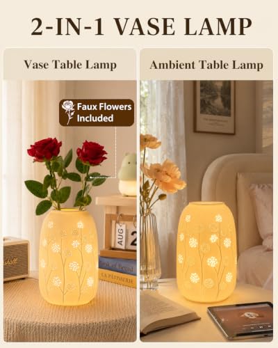 TACAHE Ceramic Vase Table Lamp - 2700K Bulb & 3 Artificial Flowers Included - style: Dandelion