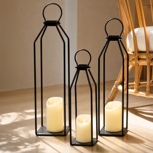 Perfnique Modern Farmhouse Lanterns, Set of 3 Black Metal Lanterns w/ 6hr Timer Flickering Flameless Candles, Decorative for Outdoor Decor, Front Porch, Indoor, Patio, Garden, Fireplace, Christmas - color: 23inch & 20inch & 15inch