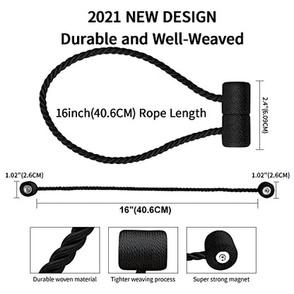YUNGOO 18 Inch Strong Magnetic Curtain Tiebacks, Curtain Holdbacks Modern Upgrade Strong 2021 New Twisted Style Decorative Drapery Rope Tie Backs (Black, 2) - color: Black