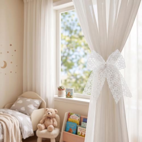 White Lace Bow Curtain Tiebacks 6-Pack, Vine Floral Curtain Holdbacks - color: White Daisy Floral