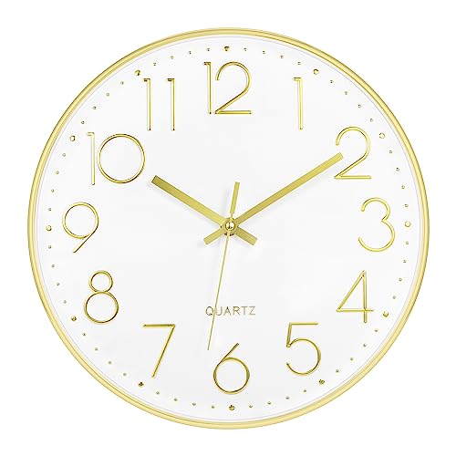 Foxtop 대형 35.6cm(14인치) 벽시계 무소음 배터리 작동 아날로그 시계, 골드 - color: 골드., size: 14인치