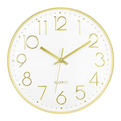 Foxtop 대형 35.6cm(14인치) 벽시계 무소음 배터리 작동 아날로그 시계, 골드 - color: 골드., size: 14인치