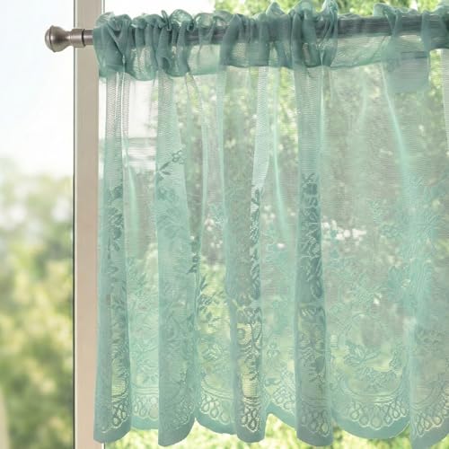 Molaxhome Kitchen Curtains Valance Blue Lace Floral Semi Sheer Curtain - color: Blue-green, size: 51"W x 16"L (Pack of 1)