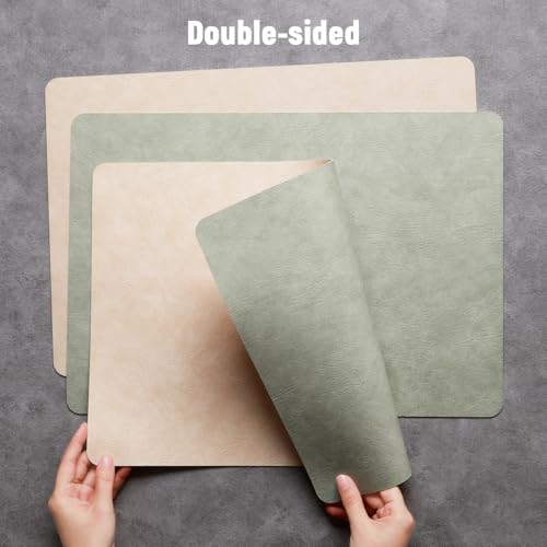 Vinyl Placemats Set of 6, Dual Sided Place Mats with Drink Coasters - color: Beige/Sage Green Two-tone, size: Set of 6