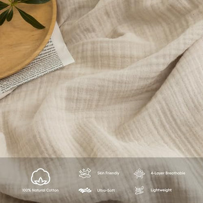 FOSSA Muslin Blanket: 4-Layer 100% Cotton Gauze Blanket with Fringe 98"x98" - color: Beige, size: Oversize Queen(98" × 98")