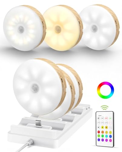 EZVALO Under Cabinet Lighting with Charging Station, 1000mAh Rechargeable Puck Lights with Remote, 3 Color Temps & 12 RGB Closet Lights, Dimmable Motion Sensor Lights for Shelf, Kitchen (6 Packs) - color: Wood Grain