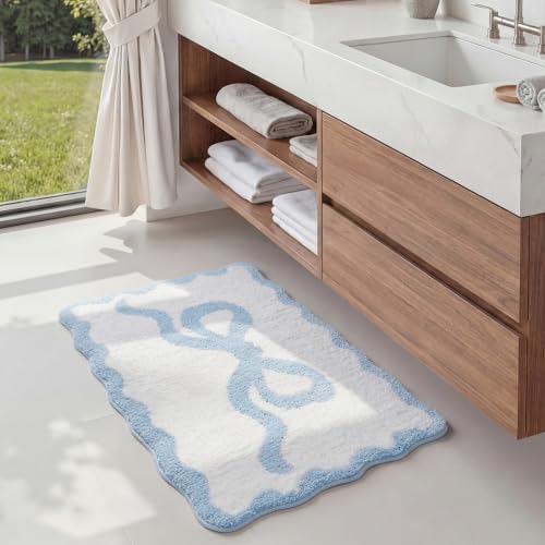 Tinideya Blue Bow Bathroom Rug 36" x 24" Scalloped Bow Bath Mat - color: Blue, size: 36" x 24" (Rectangular)