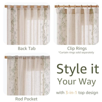jinchan Floral Linen Curtains, Back Tab 50x84 Inch, 2 Panels Sage - color: Vine | Sage, size: 50"W x 84"L (Pack of 2)