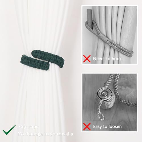 NICEEC 2 Pack Natural Cotton Rope Curtain Tiebacks Farmhouse Rustic Style Decorative Drape Tie Backs Handmade Braided Curtain Holdbacks for Home & Office Sheer/Light Weight Drapery (C-Dark Green-L) - color: Dark Green-large, size: 2 Pack