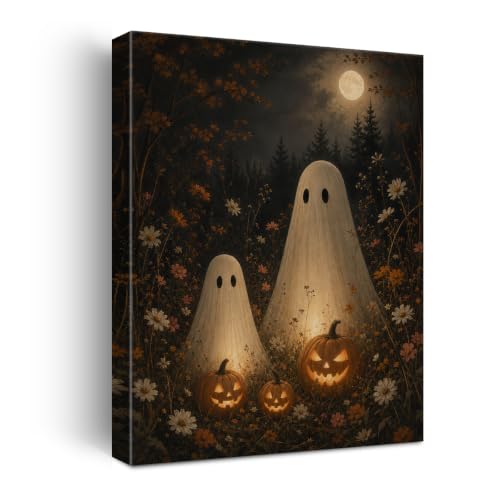 Halloween Wall Art Decor Ghost Pumpkin Wildflowers Canvas Print Framed - color: D