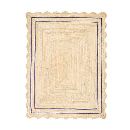 Wave Scalloped Jute Rug Entryway Natural Boho Area Rug Navy Blue 2'x4' - color: Navy Blue, size: 2'x4'