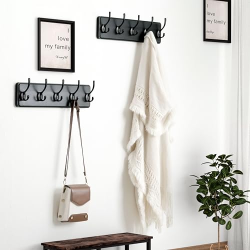 Dseap Coat Rack Wall Mount: Modern, Patented, Heavy-Duty, 17.4" Long 5-Double-Hooks Wooden Hanger Hook Rail for Winter Coats Hat Jacket Clothing, Black - color: Black, size: L=17.4" (1pcs)