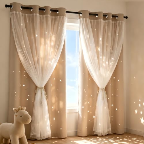 Beige Kids Star Cutout Curtains for Bedroom 70" W x 72" L 2 Panels - color: Beige, size: 70"W x 72"L (Pack of 2)